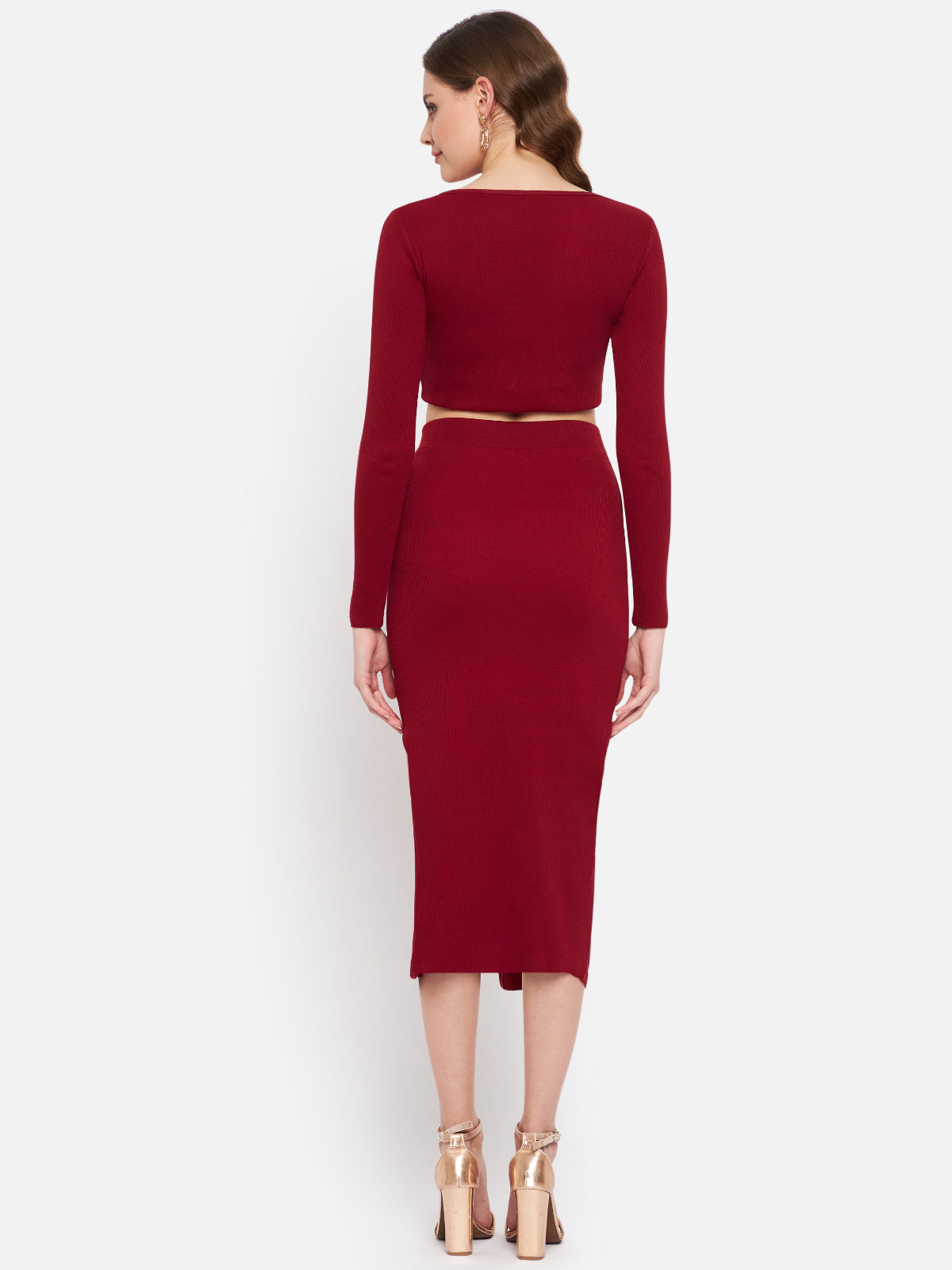 Women Maroon Rib 2 Piece Dress Set