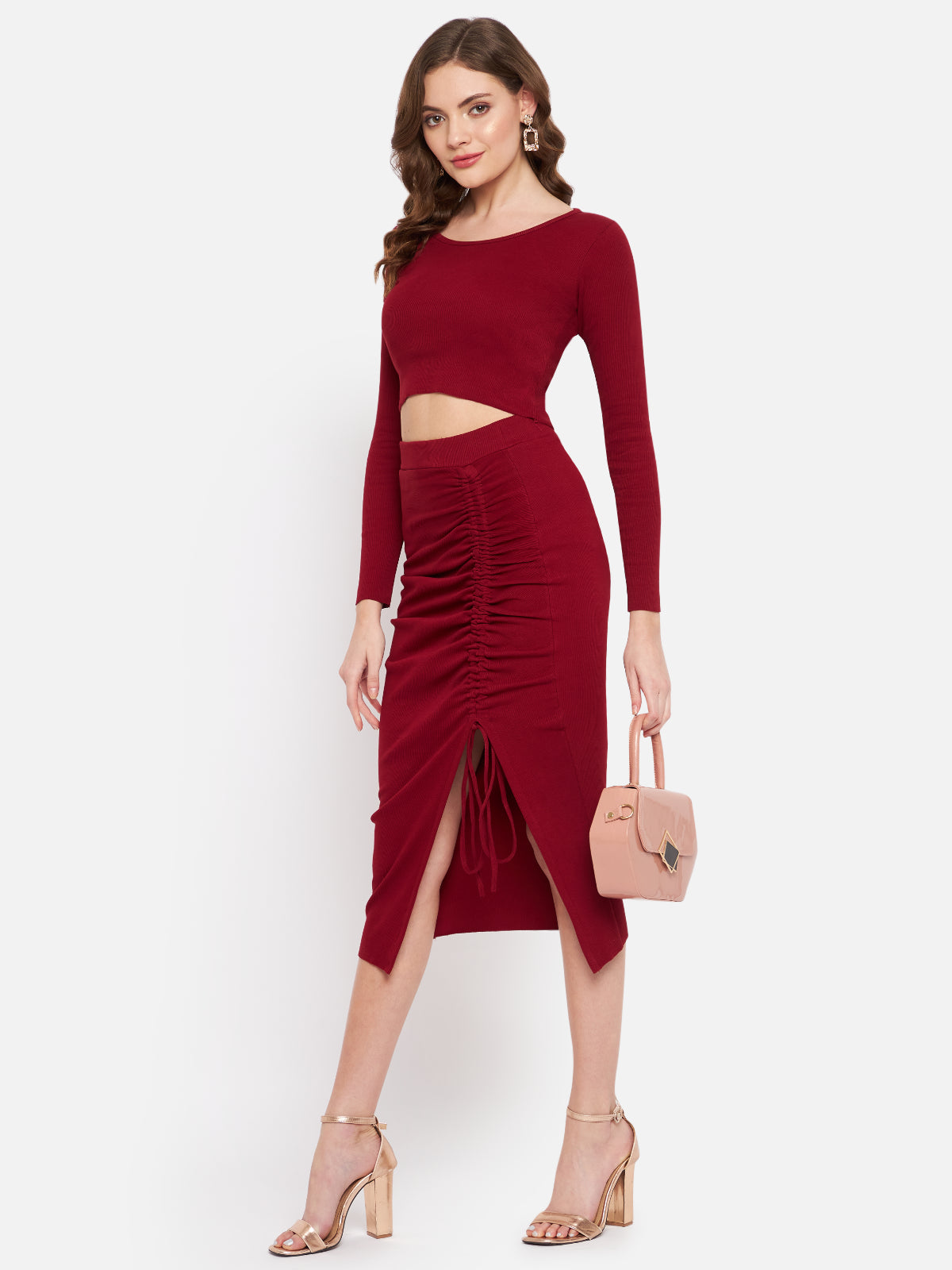 Women Maroon Rib 2 Piece Dress Set