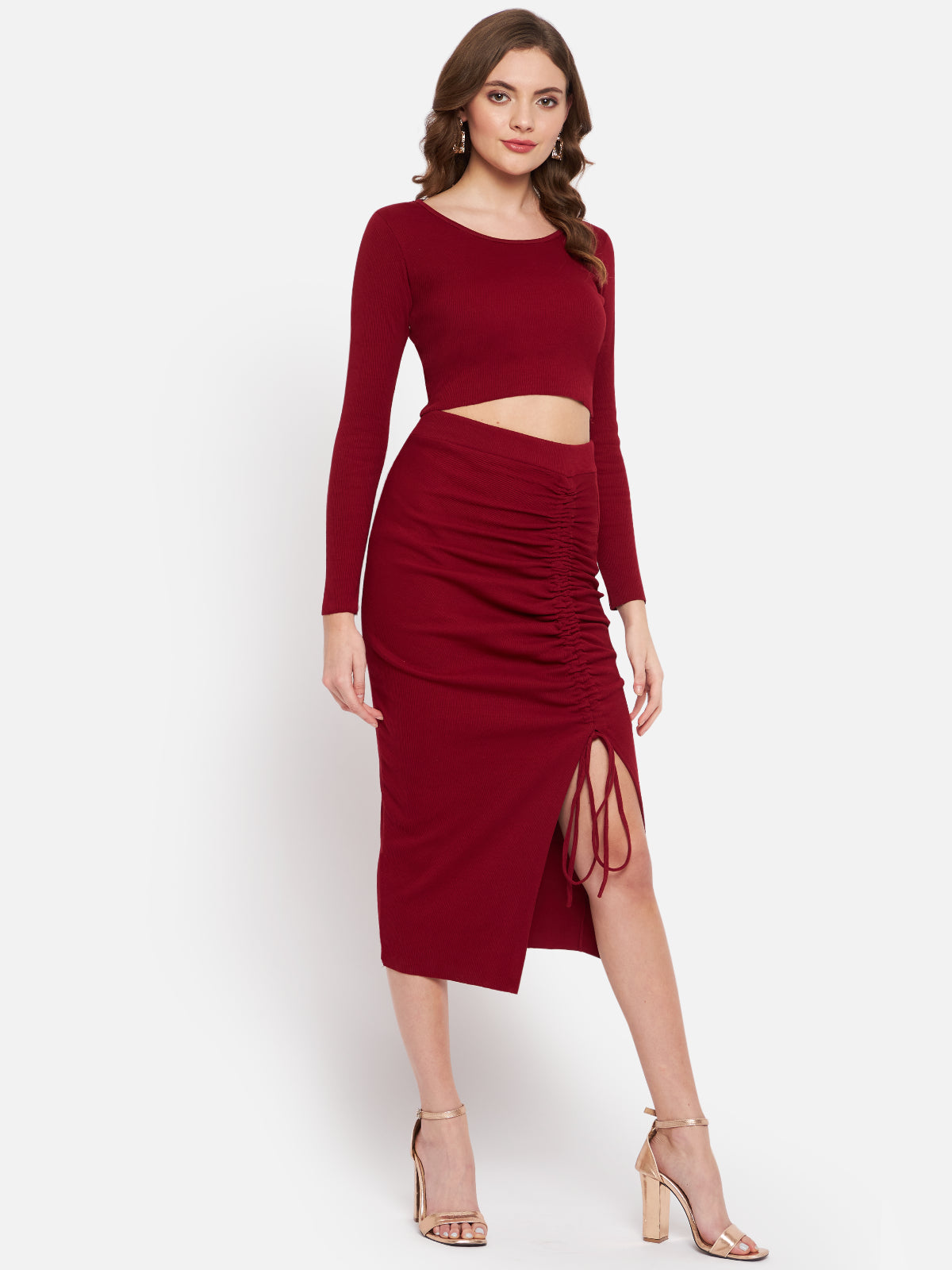 Women Maroon Rib 2 Piece Dress Set