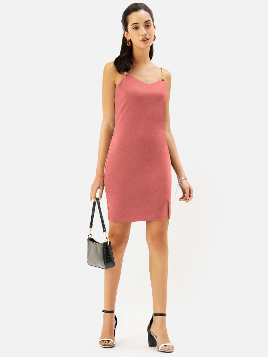 Women Pink Chain Strap Mini Bodycon Dress