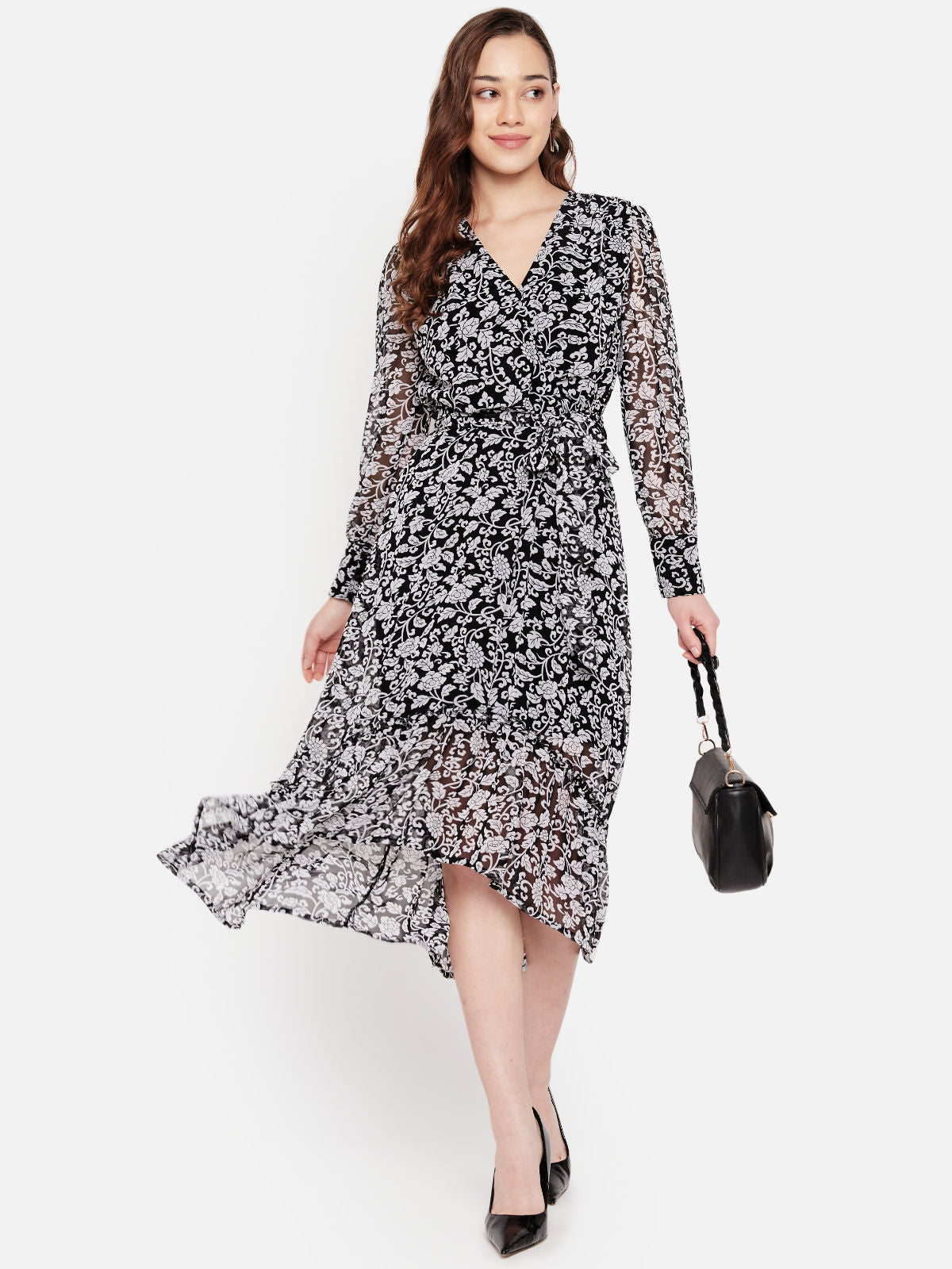 Women Black White Floral Hi Low Printed Dress