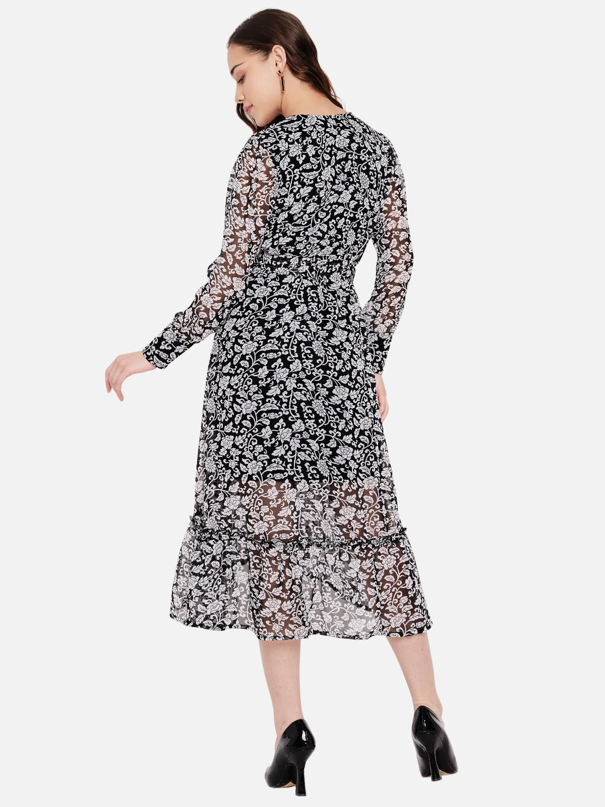 Women Black White Floral Hi Low Printed Dress