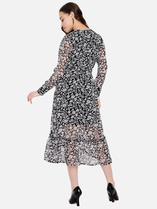 Women Black White Floral Hi Low Printed Dress