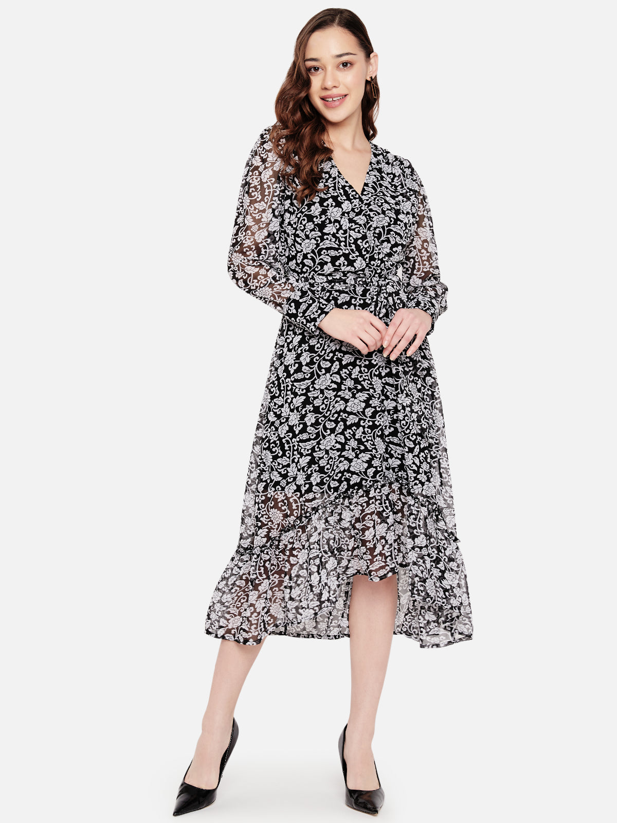 Women Black White Floral Hi Low Printed Dress