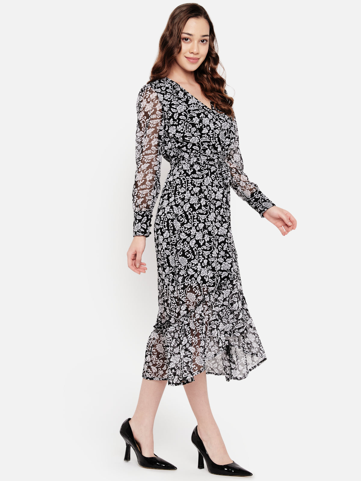 Women Black White Floral Hi Low Printed Dress