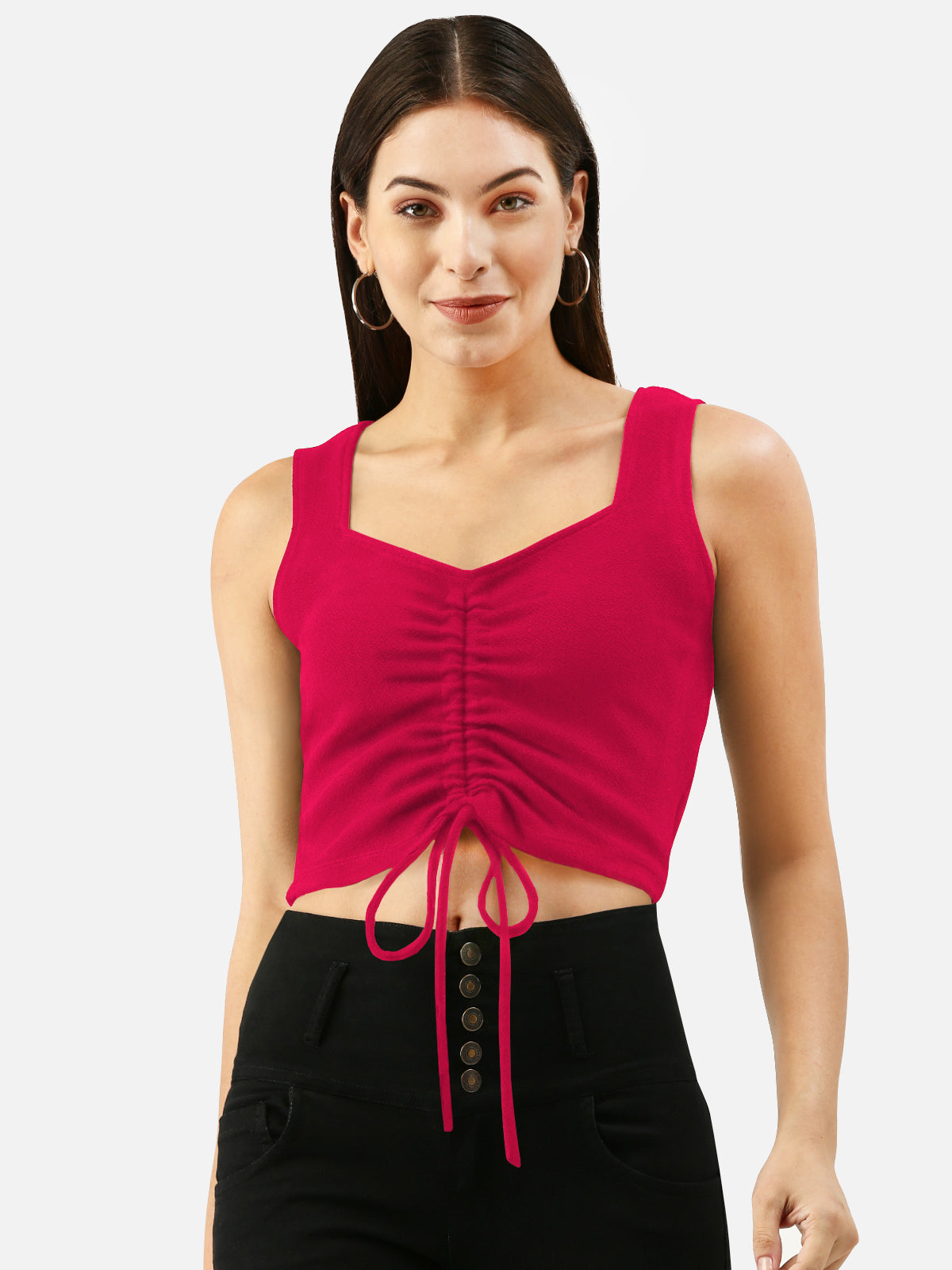 Women Fuschia Pink Drawstring Crop Top