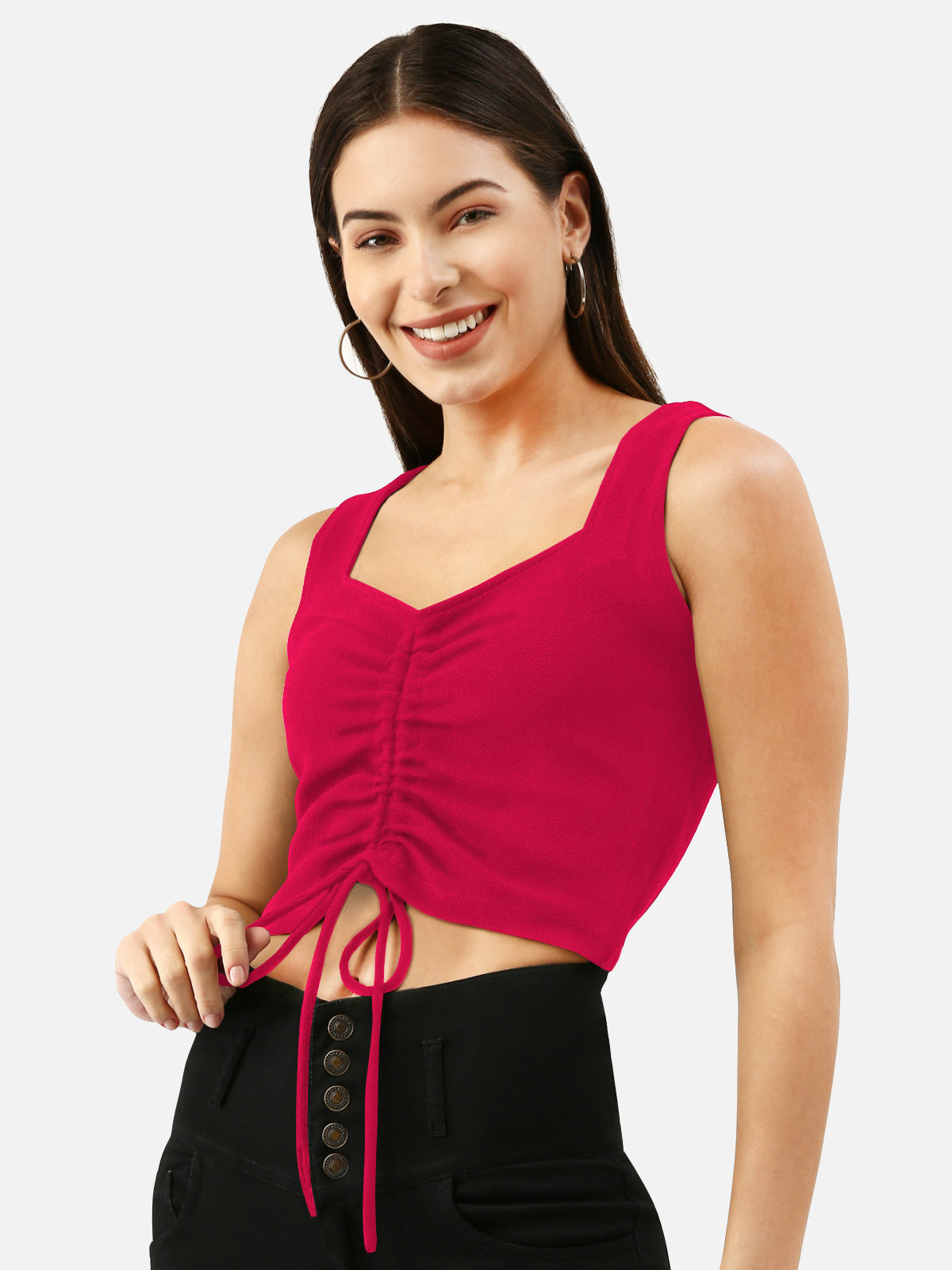 Women Fuschia Pink Drawstring Crop Top