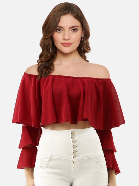 Women Maroon Off Shoulder Bell Sleeve Cape Top