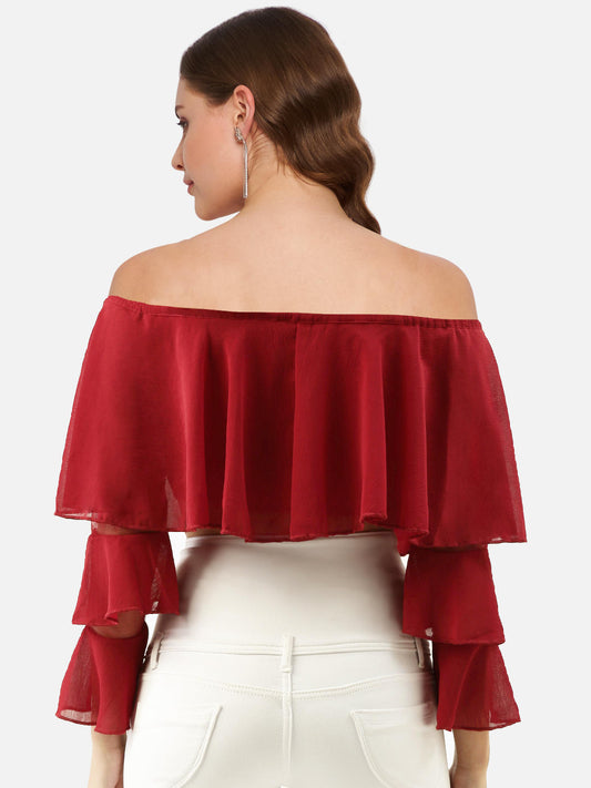 Women Maroon Off Shoulder Bell Sleeve Cape Top