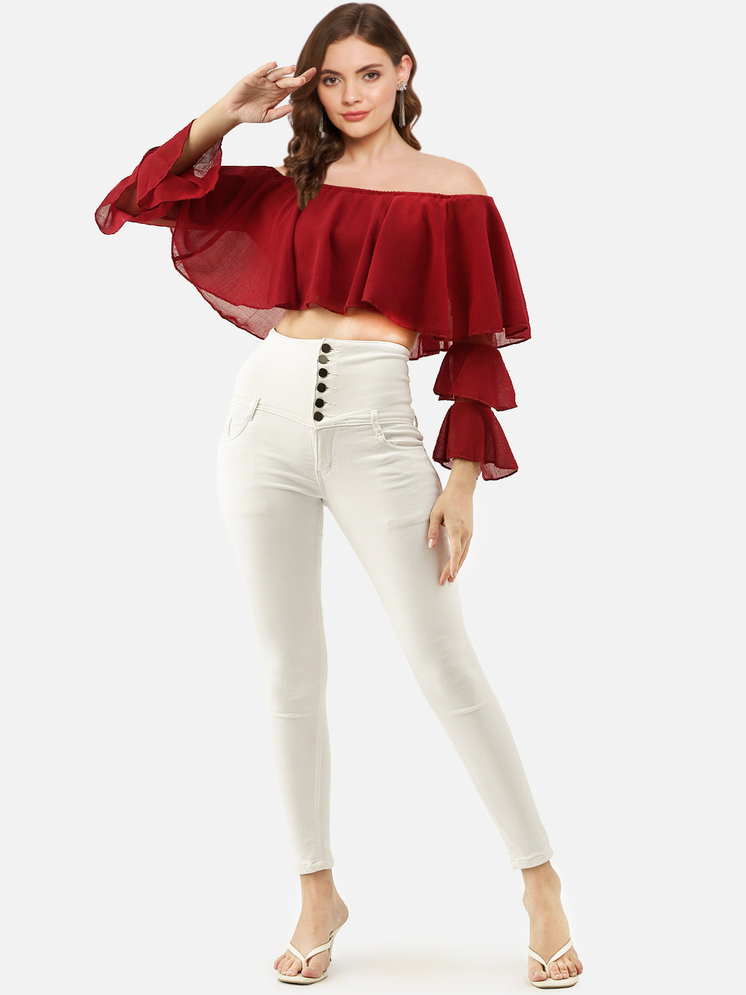 Women Maroon Off Shoulder Bell Sleeve Cape Top