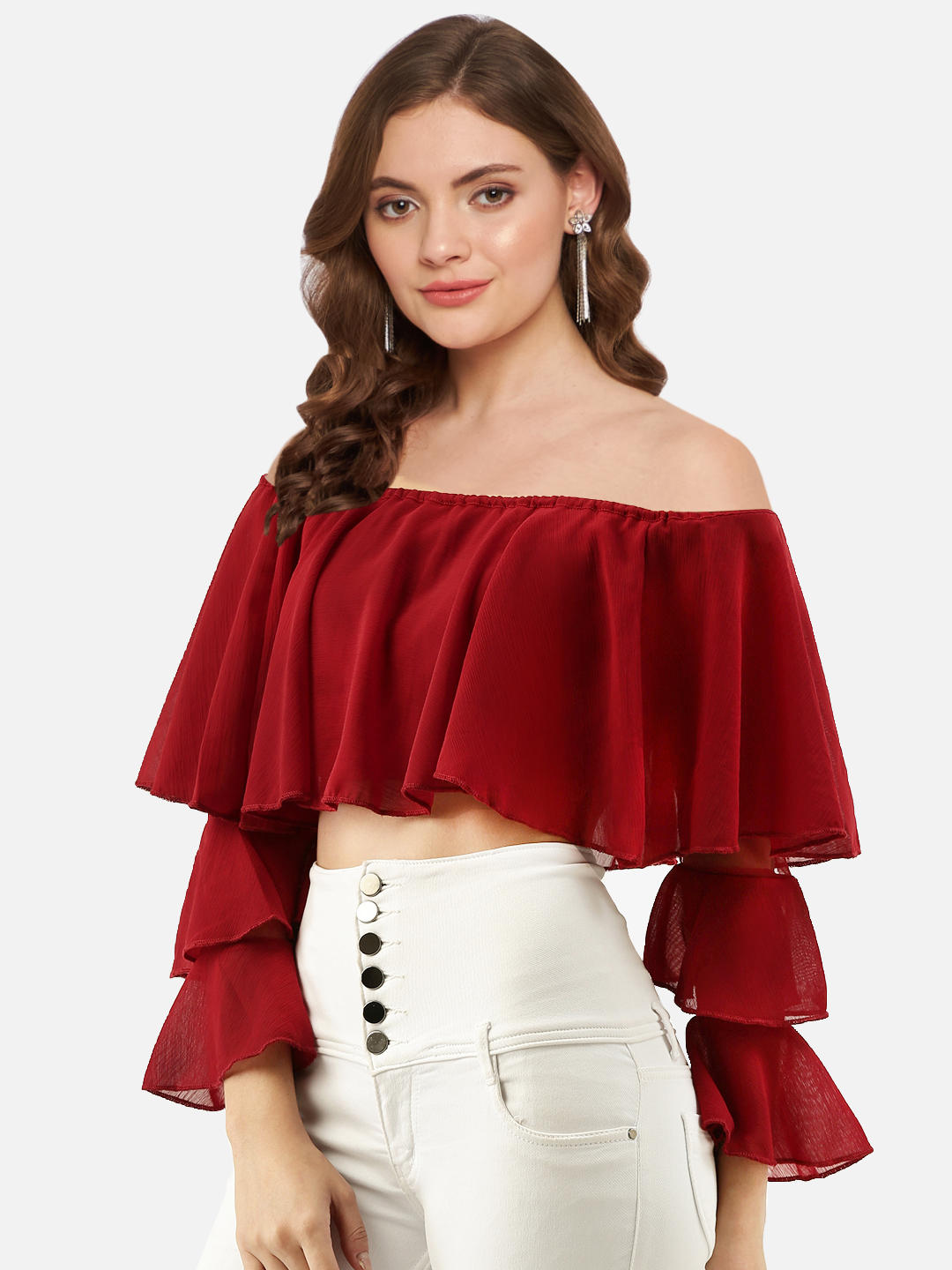 Women Maroon Off Shoulder Bell Sleeve Cape Top