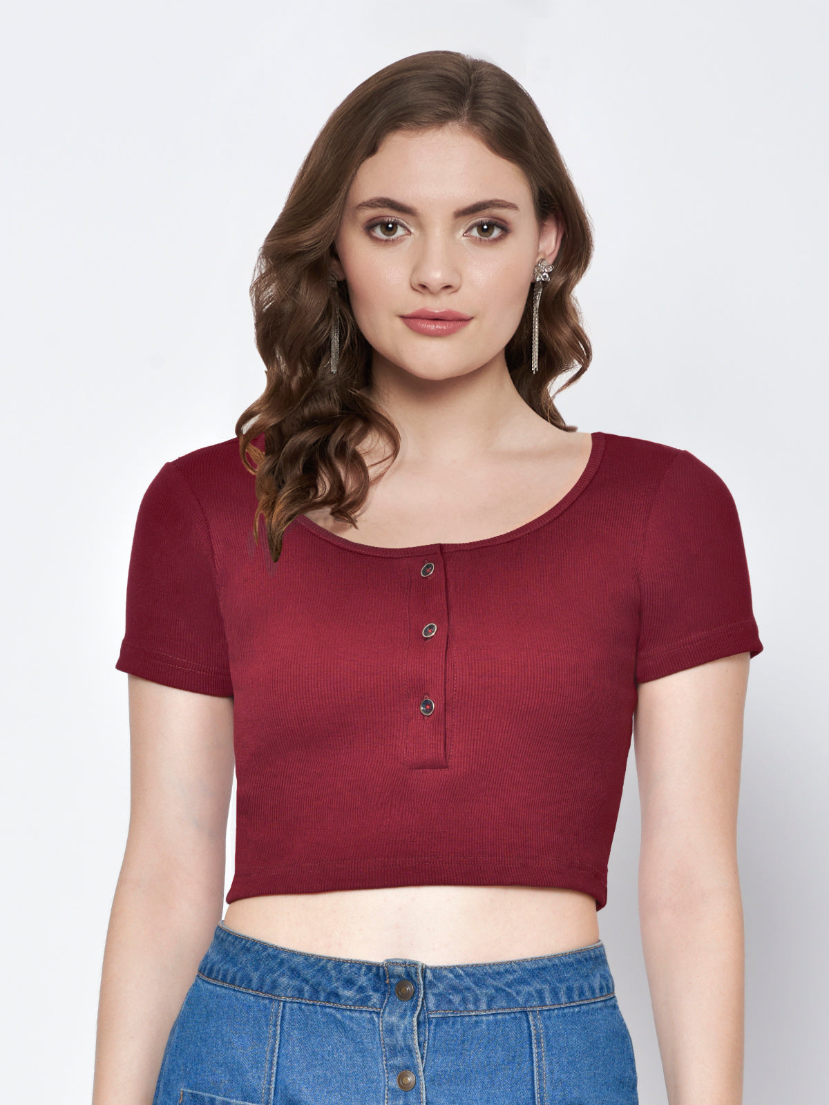 Women Maroon Rib Crop Top