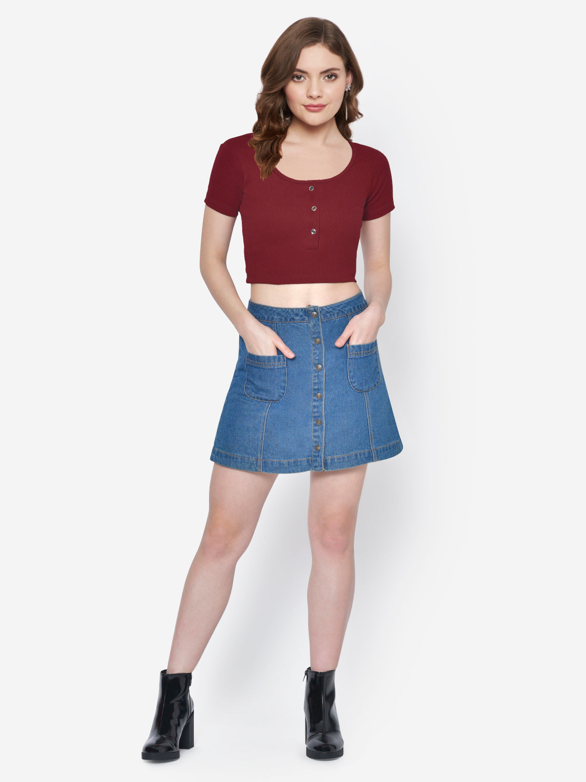 Women Maroon Rib Crop Top