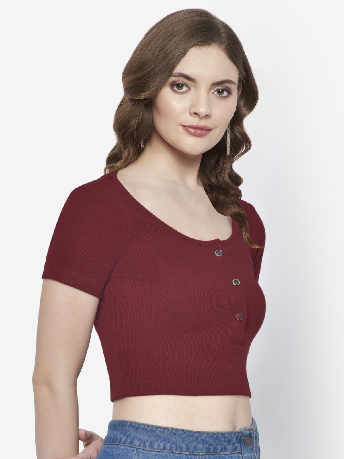 Women Maroon Rib Crop Top