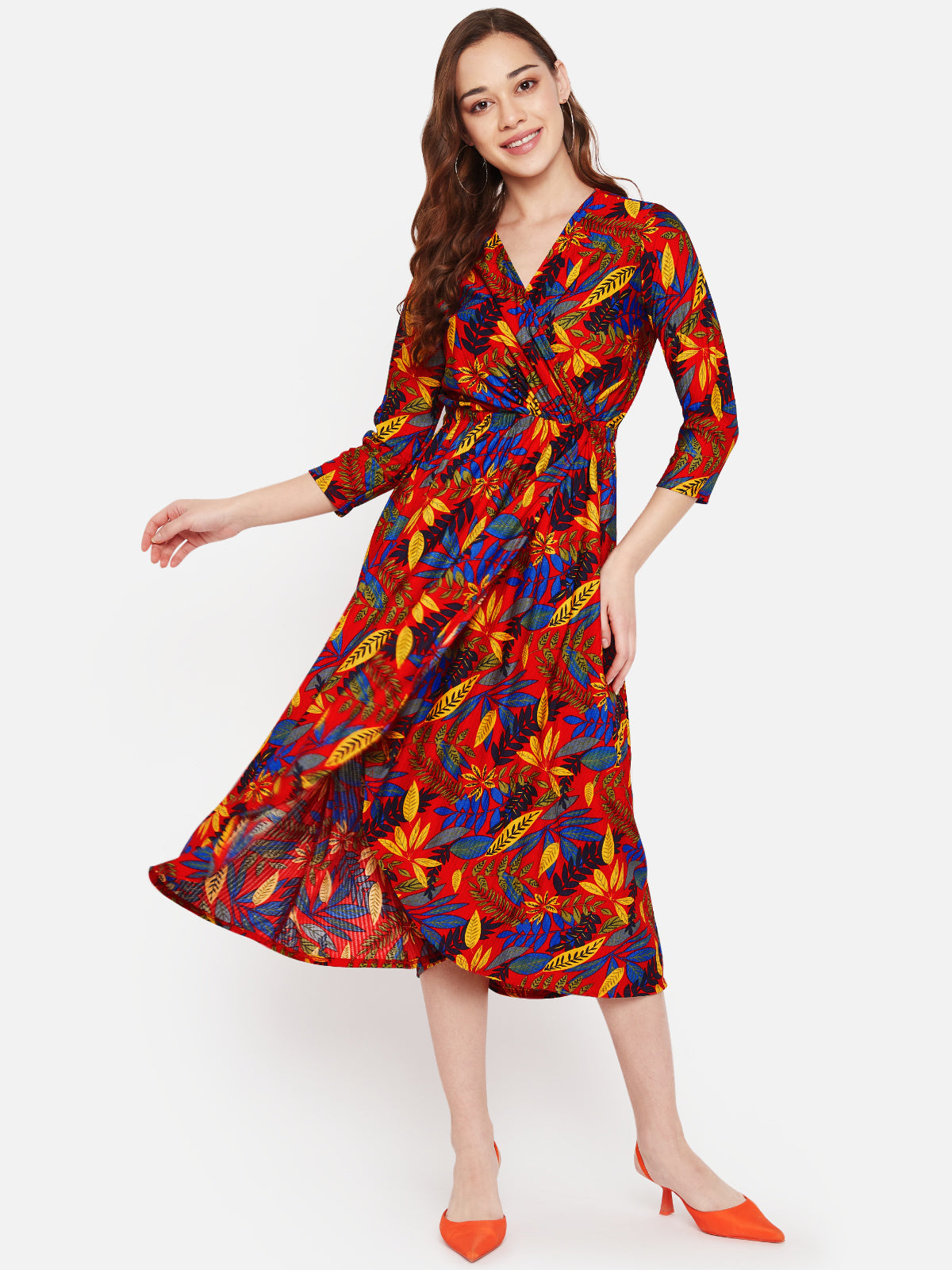 Women Red Printed Wrap Midi Dress