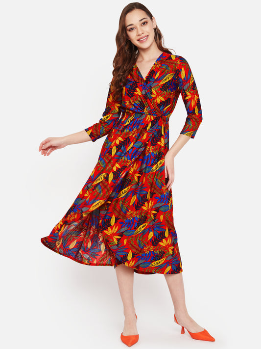 Women Red Printed Wrap Midi Dress