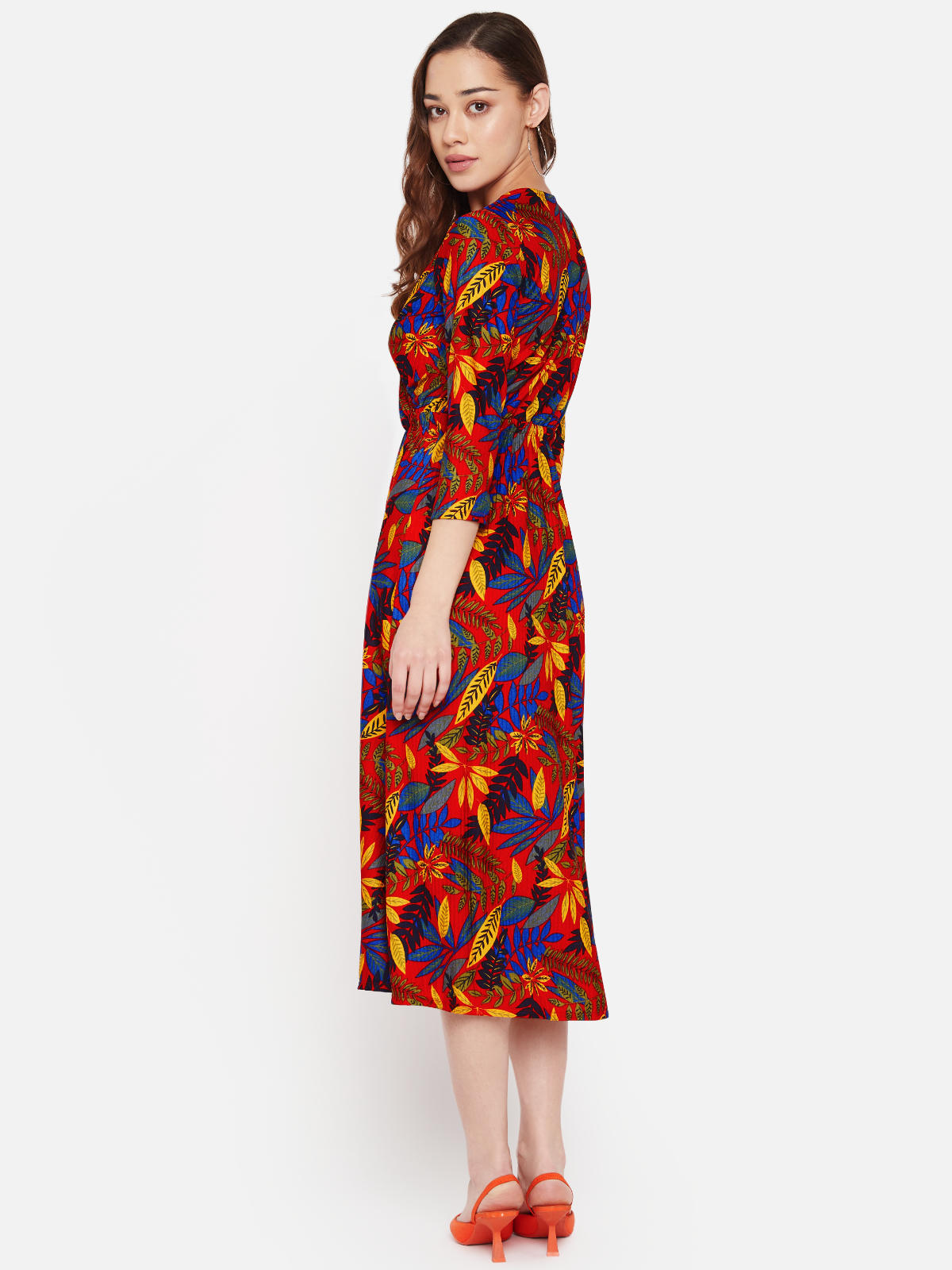 Women Red Printed Wrap Midi Dress