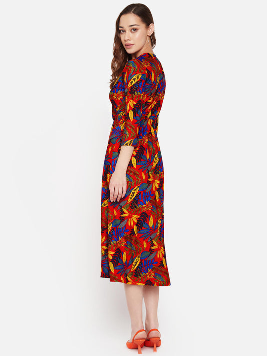 Women Red Printed Wrap Midi Dress