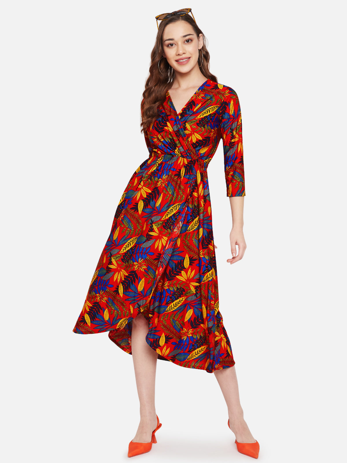 Women Red Printed Wrap Midi Dress