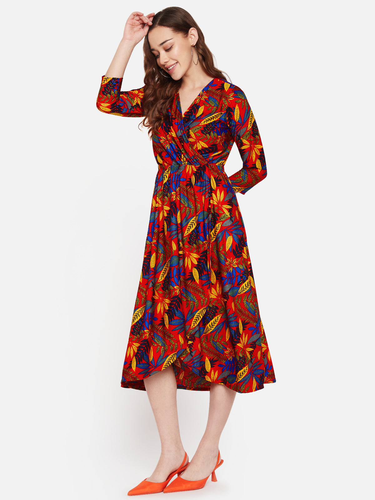 Women Red Printed Wrap Midi Dress