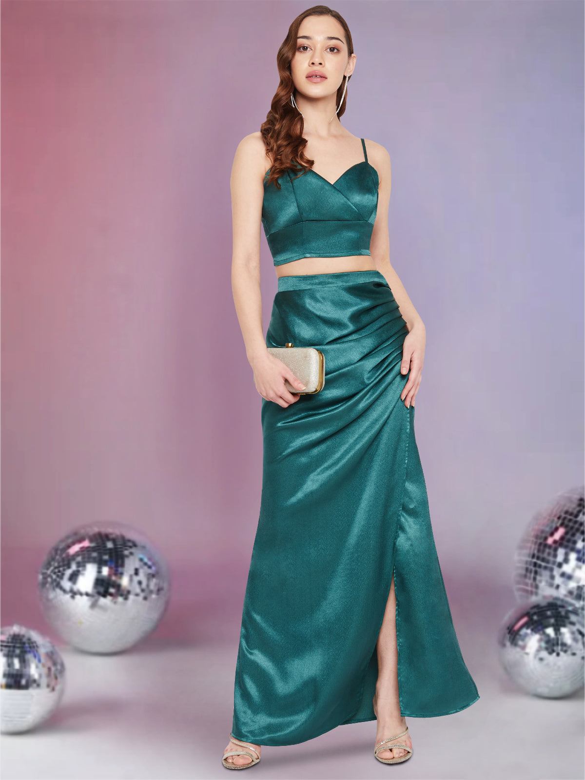 Women Turquoise Satin 2 Piece Co-ord Set