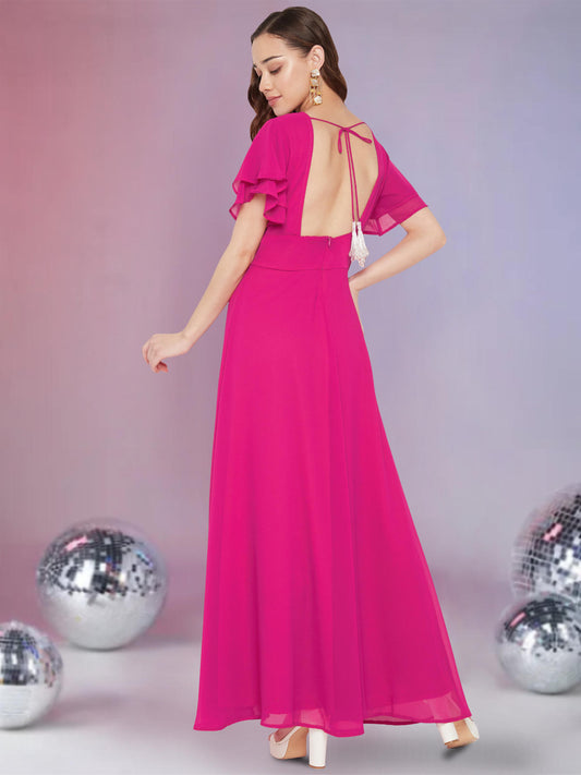 Women Fuchsia Pink Styled Back Gown