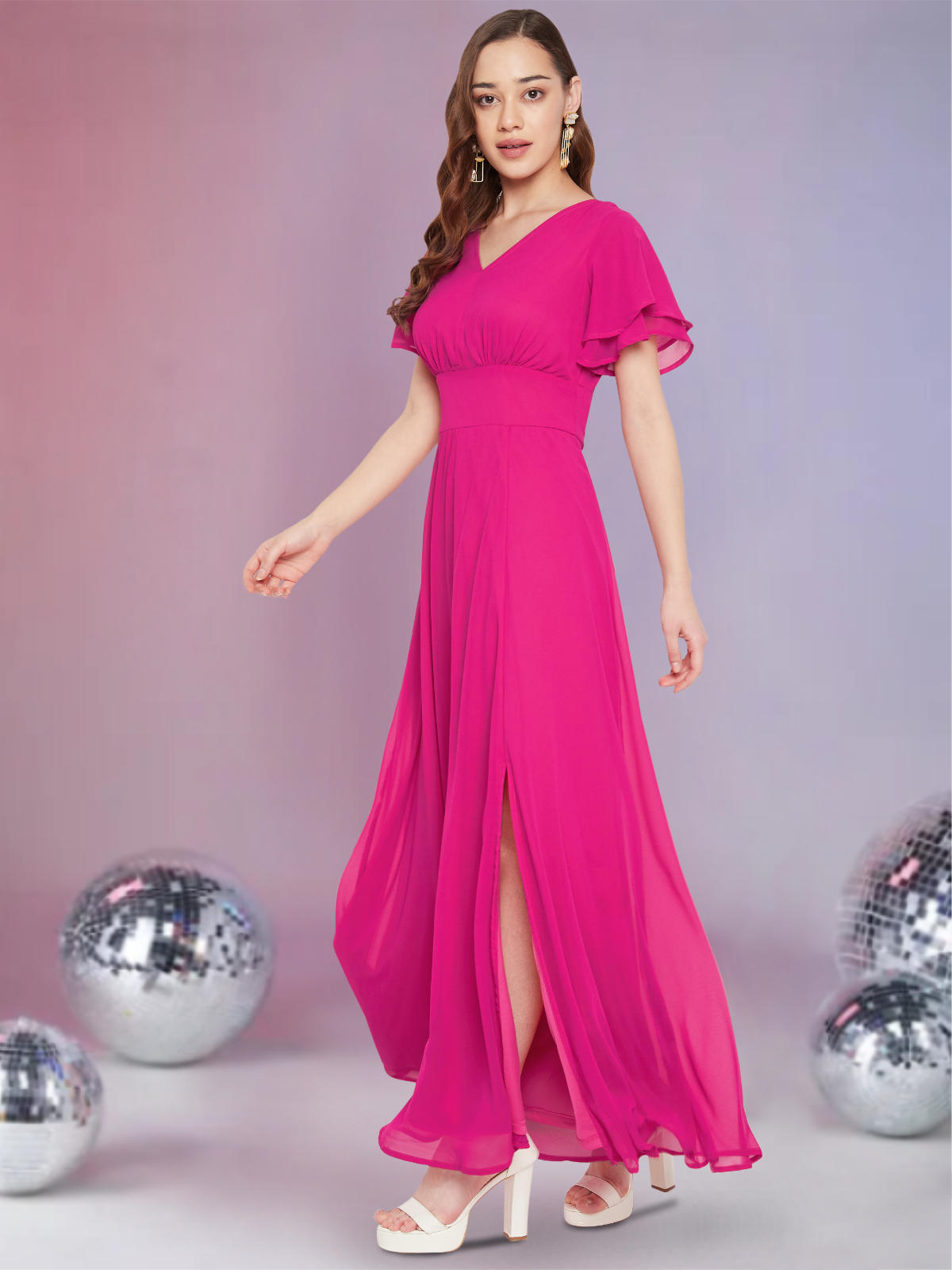 Women Fuchsia Pink Styled Back Gown
