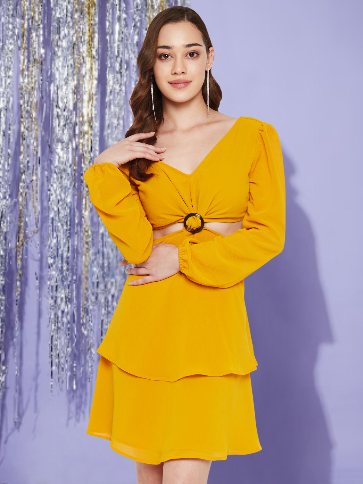 Women Mustard Cutout Buckle Mini Dress