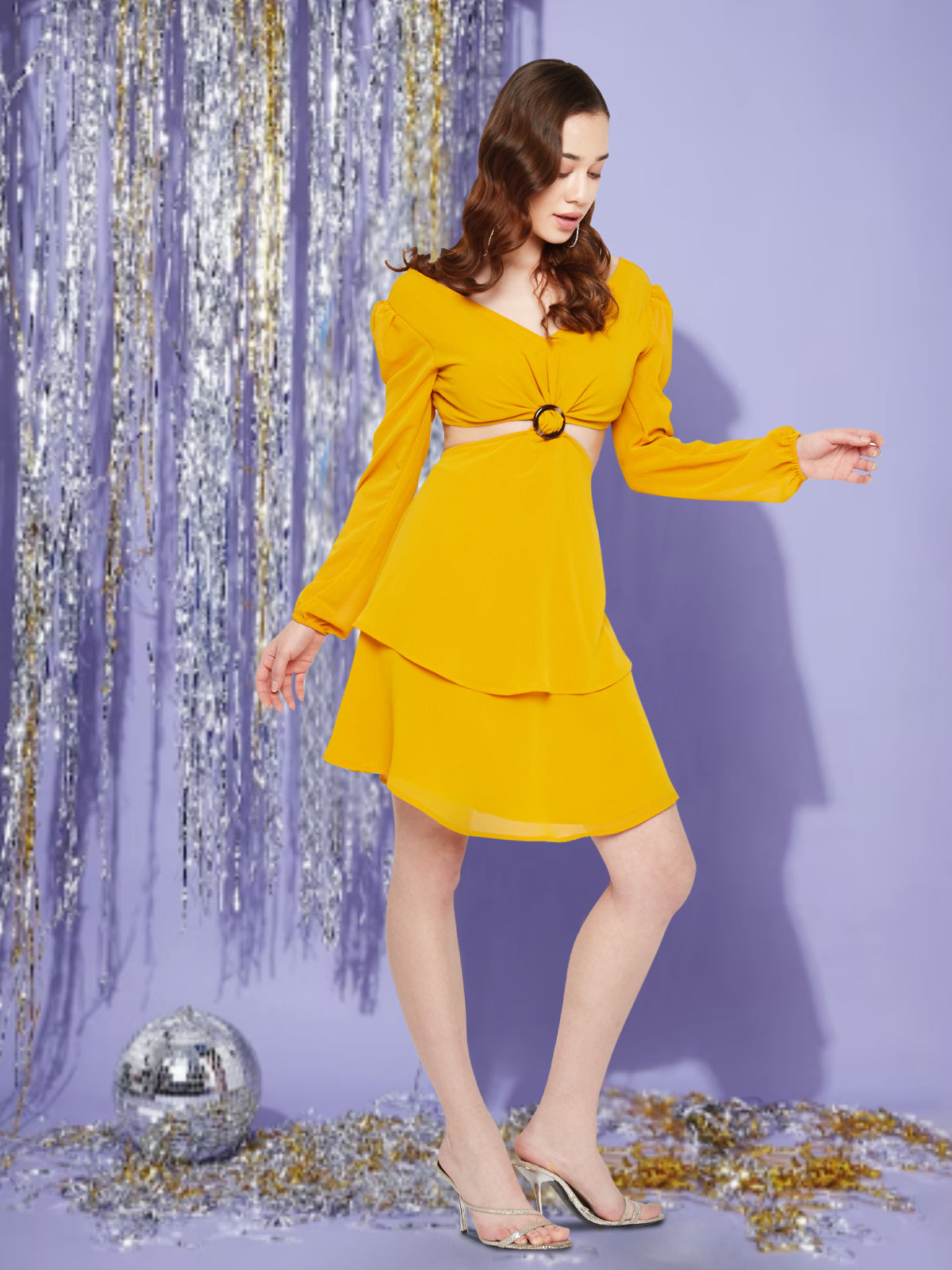 Women Mustard Cutout Buckle Mini Dress