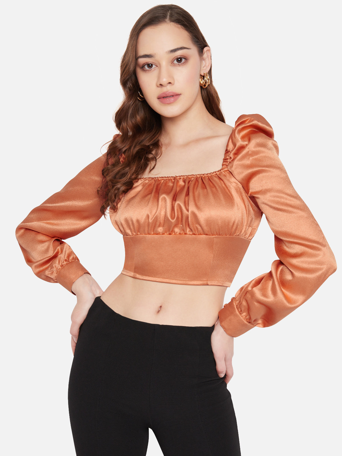 Women Orange Satin Ruched Puff Sleeve Top