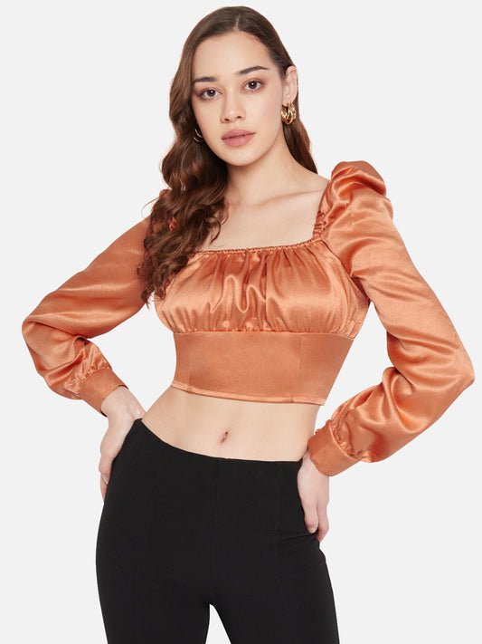 Women Orange Satin Ruched Puff Sleeve Top