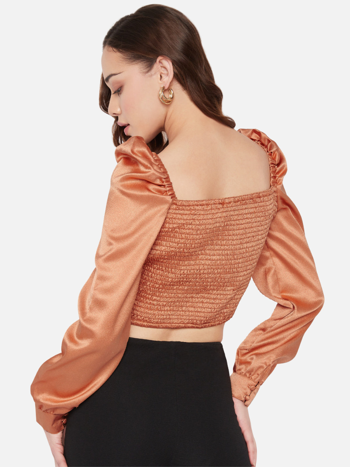 Women Orange Satin Ruched Puff Sleeve Top
