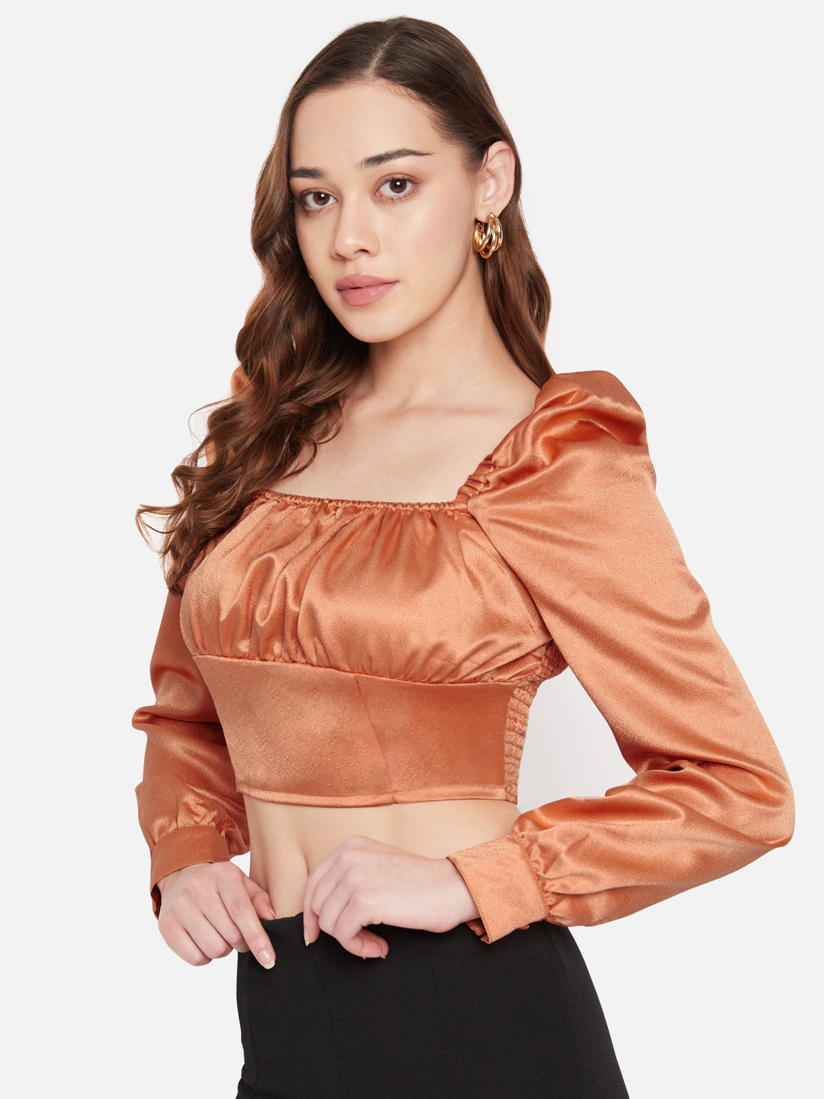 Women Orange Satin Ruched Puff Sleeve Top