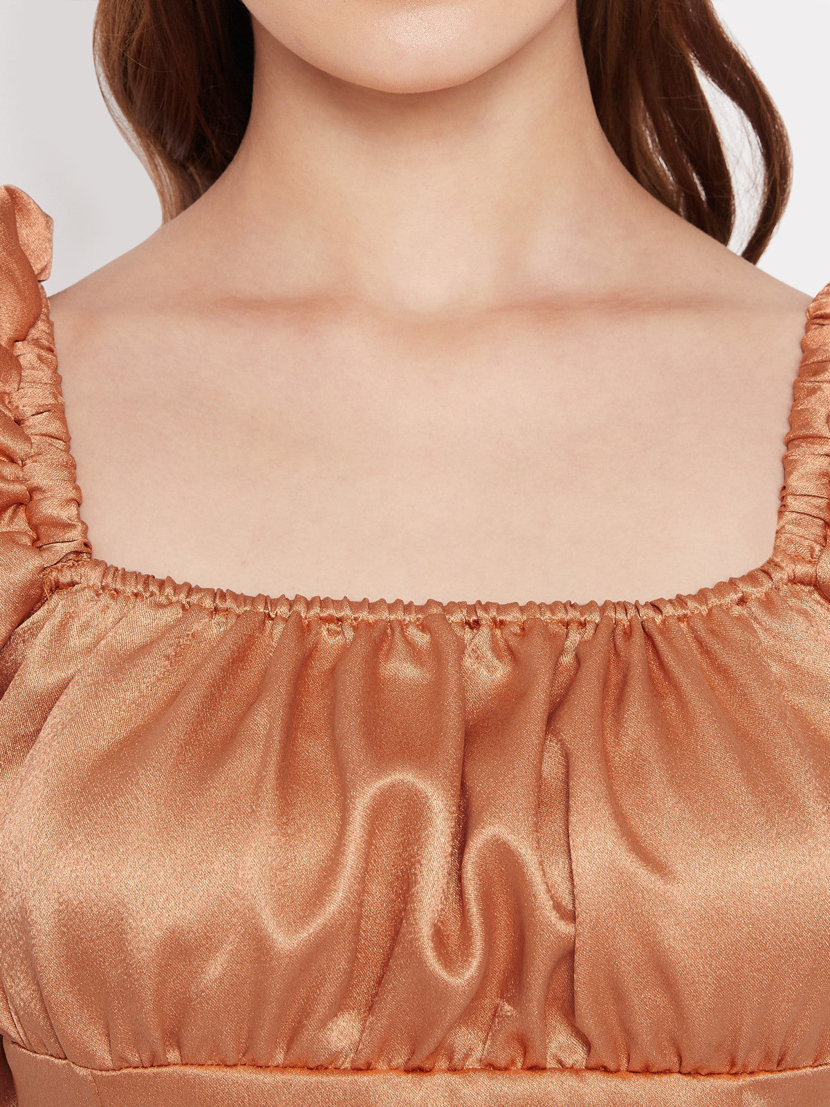 Women Orange Satin Ruched Puff Sleeve Top