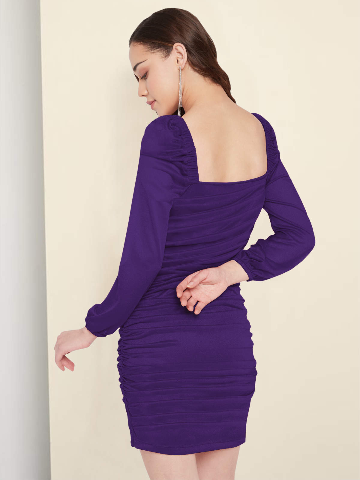 Women Purple Ruched Puff Sleeve Bodycon Dress