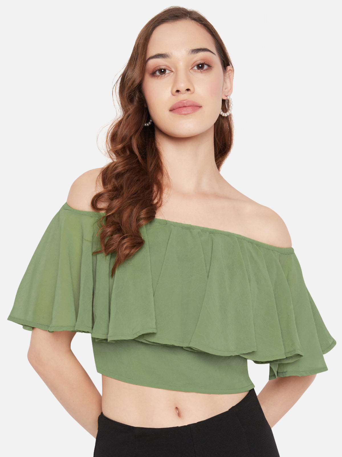 Women Olive Green Chiffon Off Shoulder Crop Top