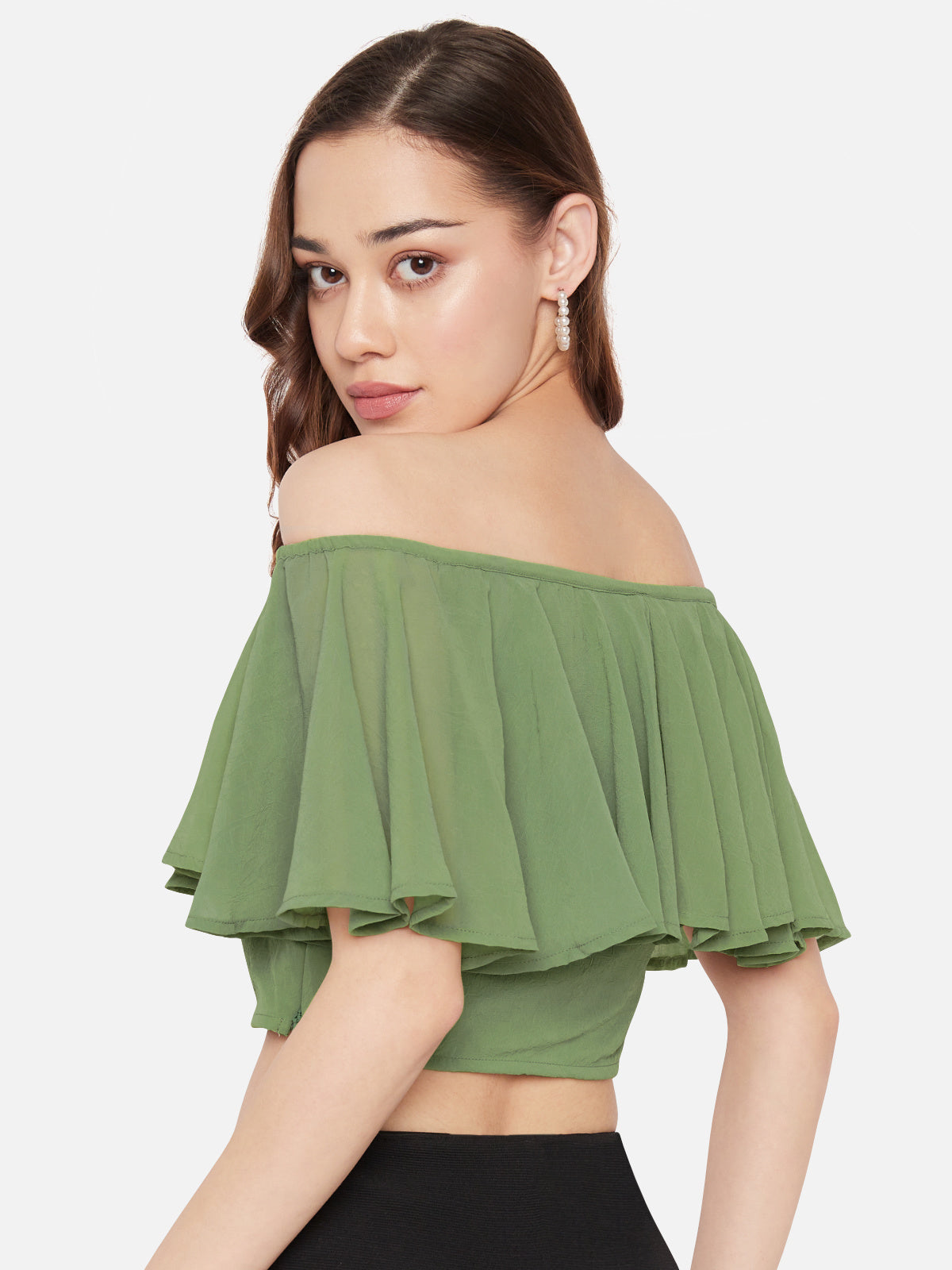 Women Olive Green Chiffon Off Shoulder Crop Top