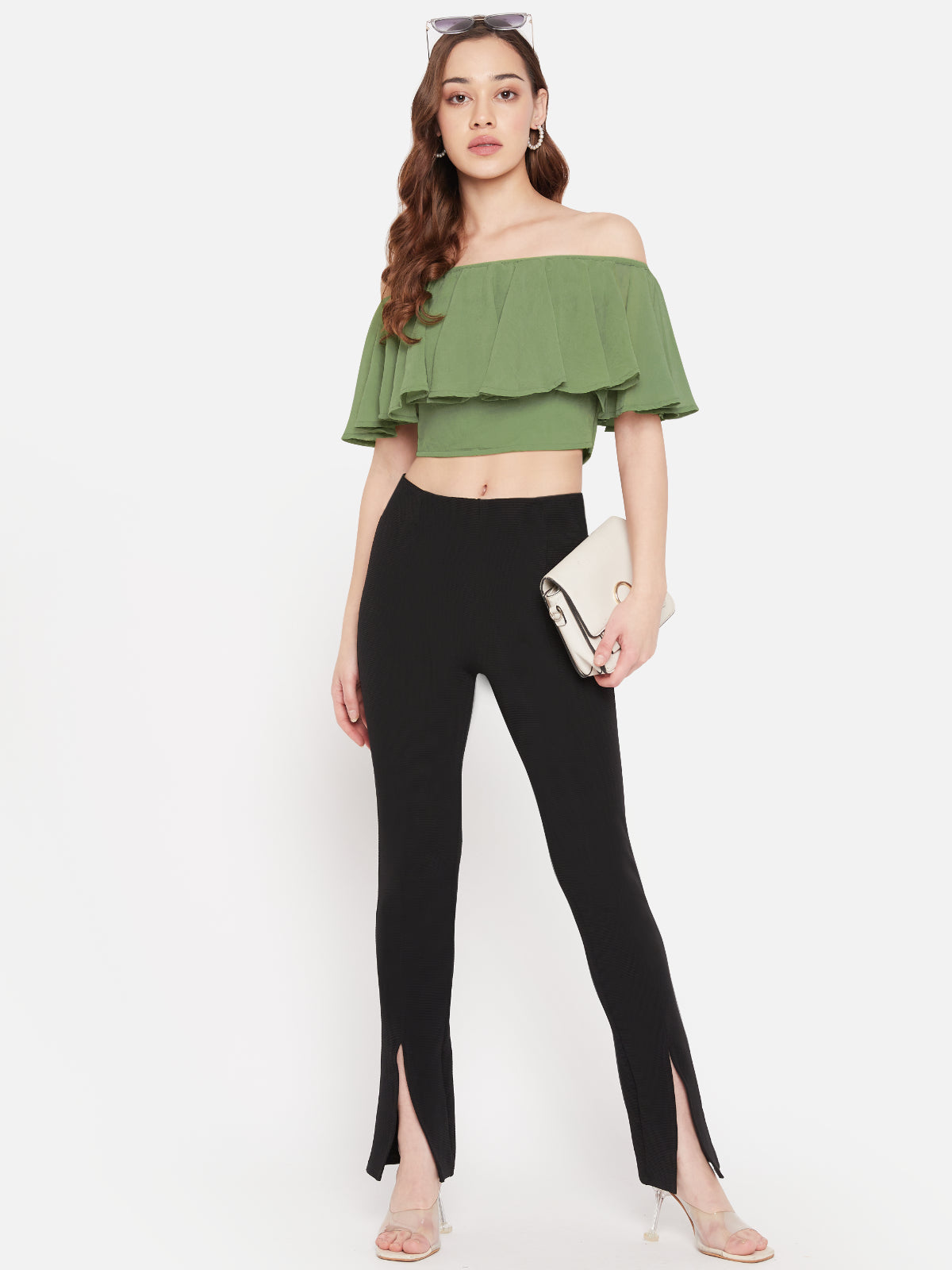 Women Olive Green Chiffon Off Shoulder Crop Top