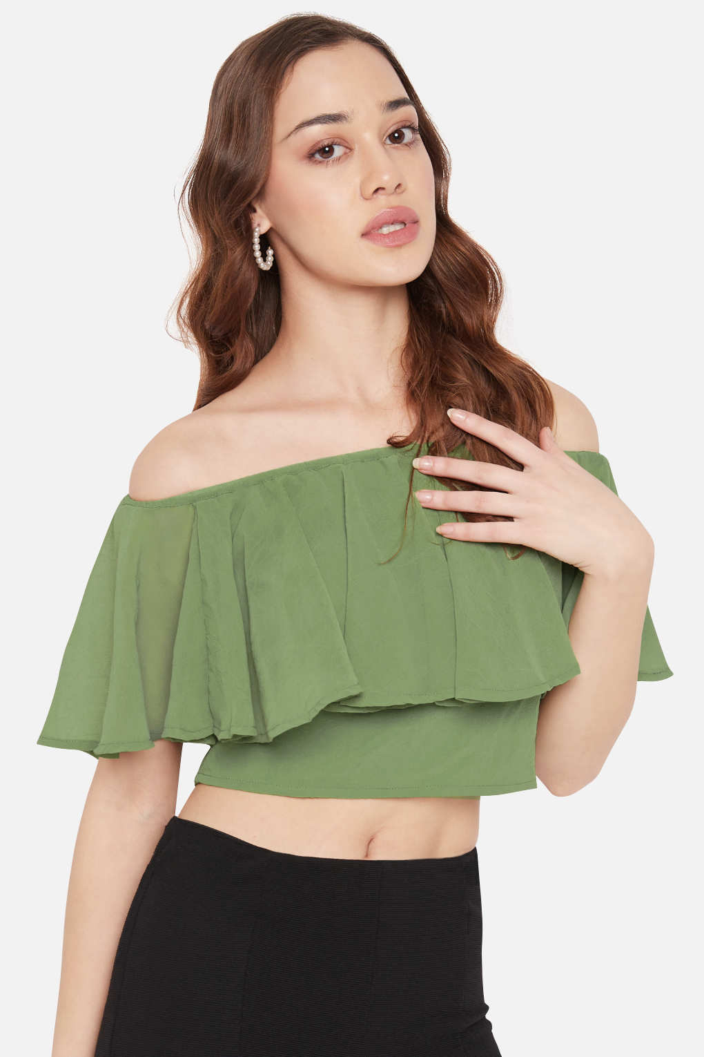 Women Olive Green Chiffon Off Shoulder Crop Top