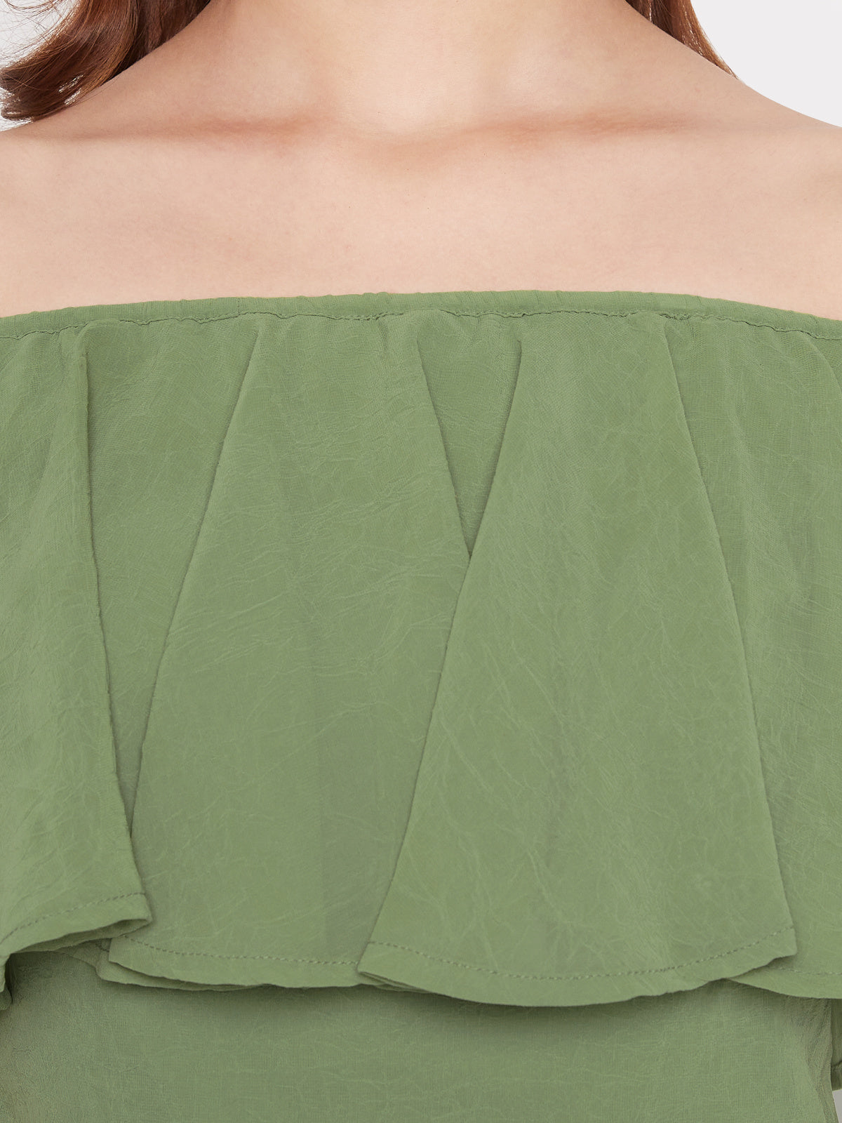 Women Olive Green Chiffon Off Shoulder Crop Top