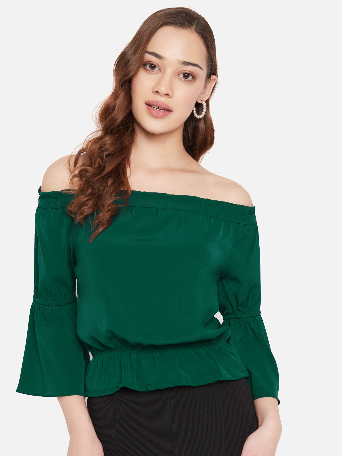Women Green Off Shoulder Flounce Sleeve Top