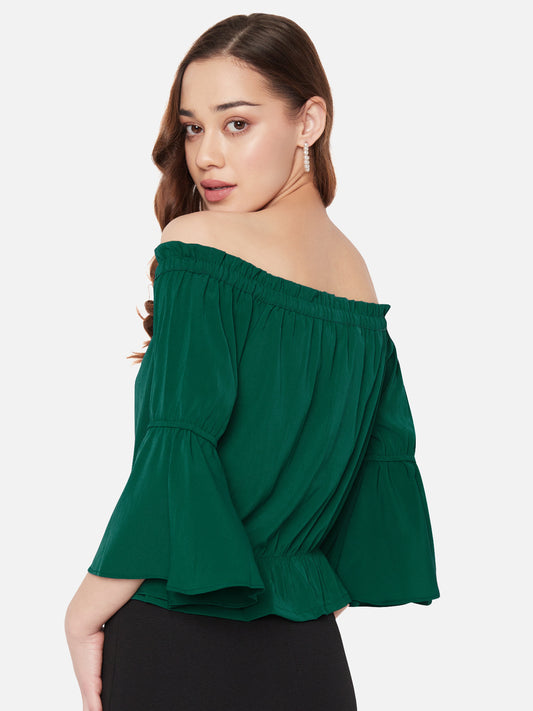 Women Green Off Shoulder Flounce Sleeve Top