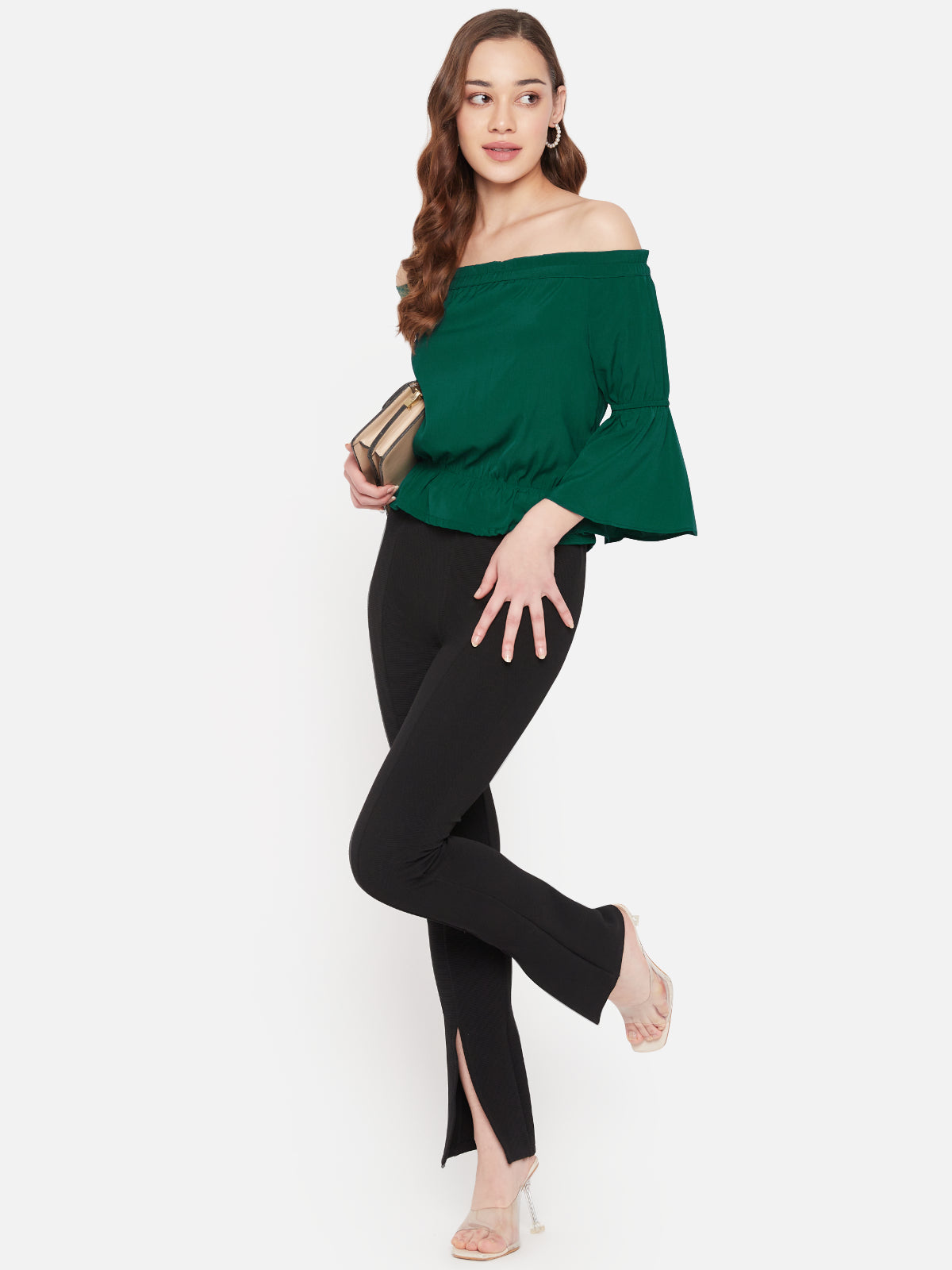 Women Green Off Shoulder Flounce Sleeve Top