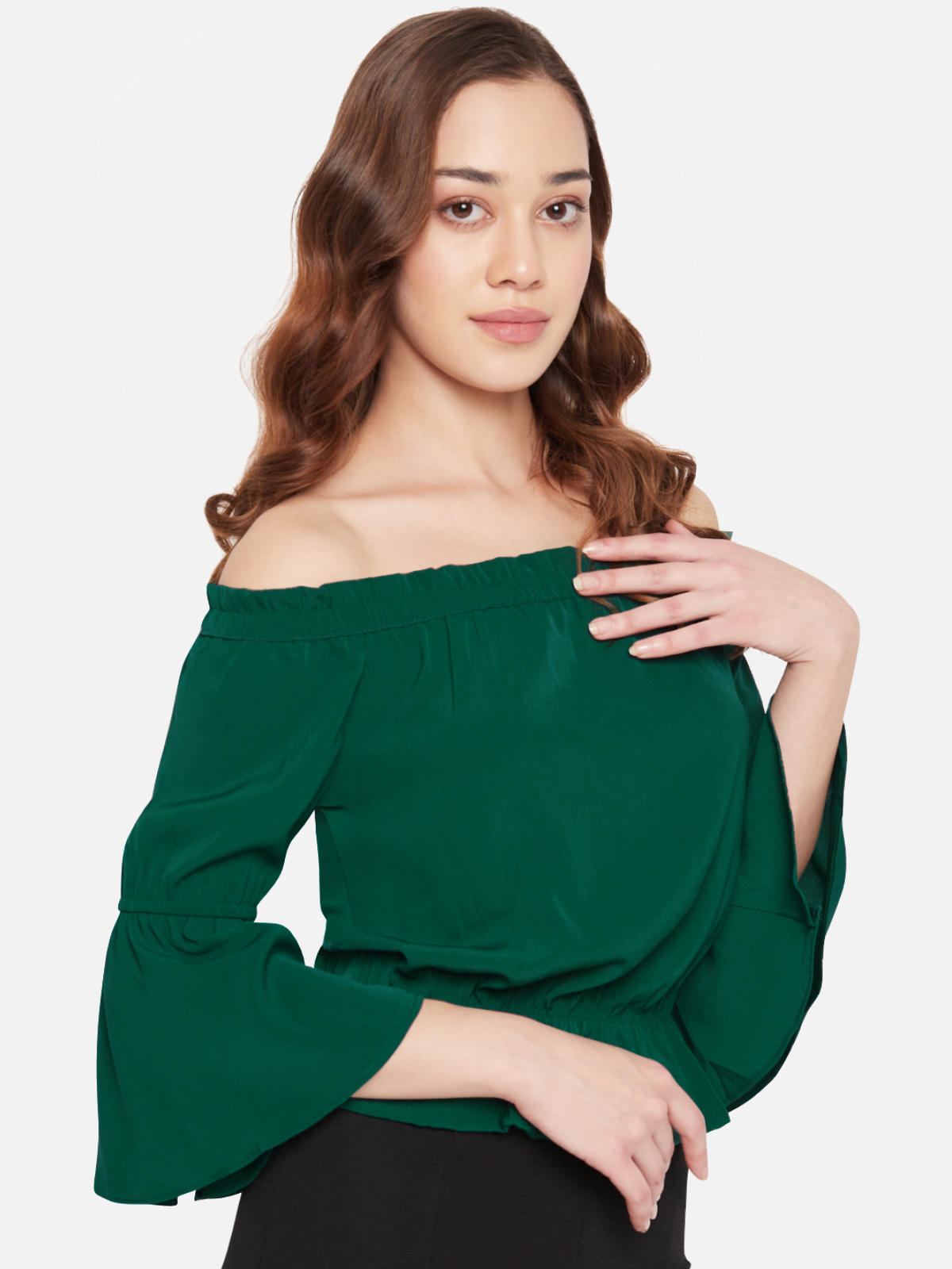 Women Green Off Shoulder Flounce Sleeve Top