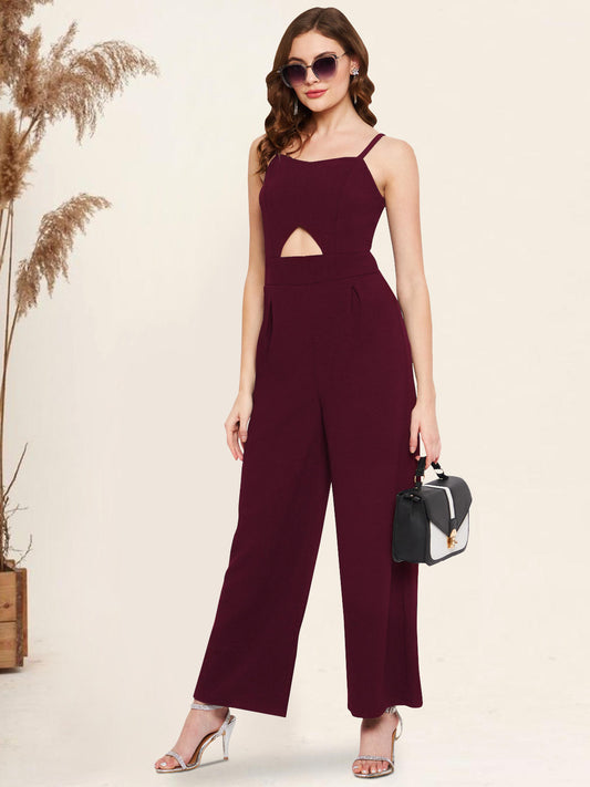 Women Wine Waist Cutout Jumpsuit