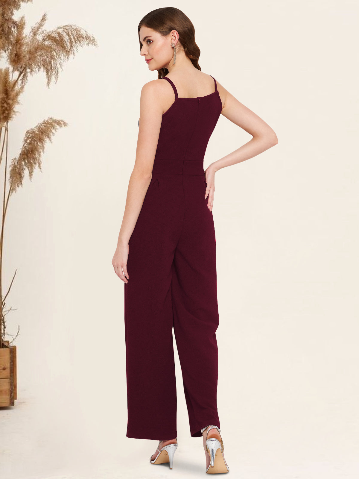Women Wine Waist Cutout Jumpsuit