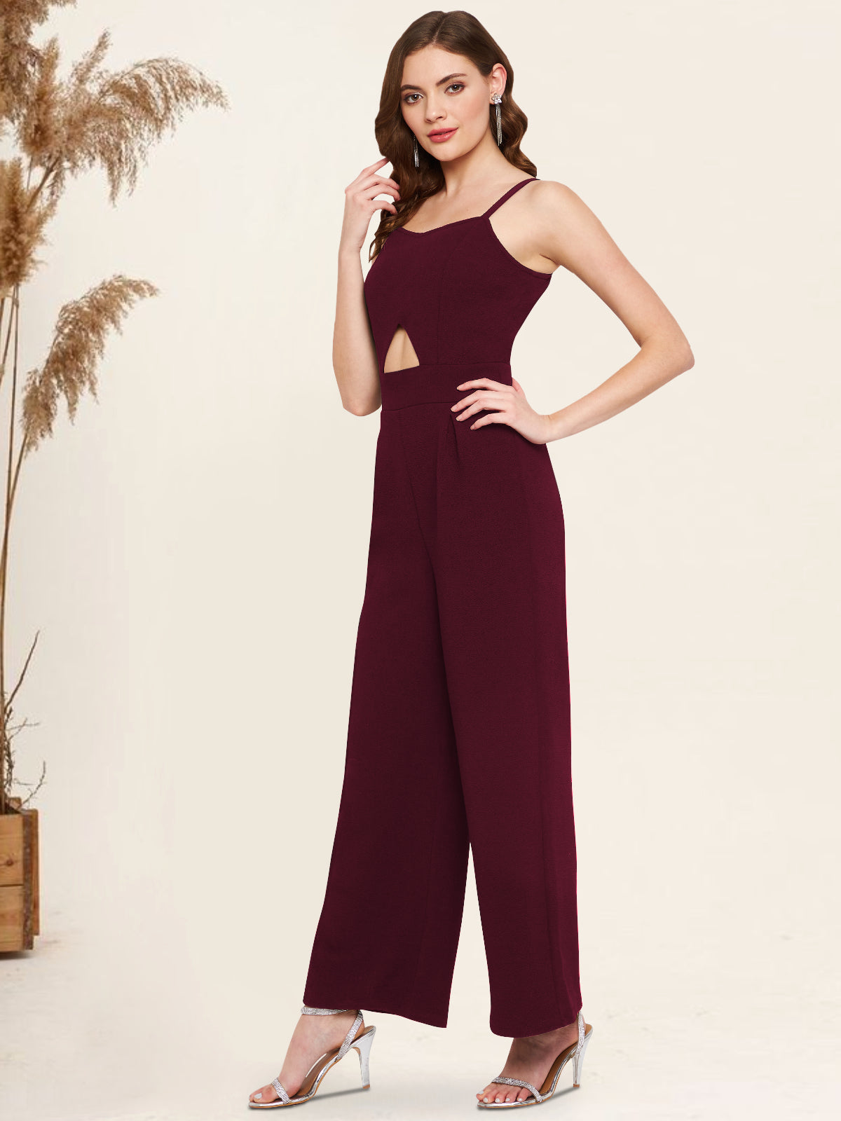 Women Wine Waist Cutout Jumpsuit