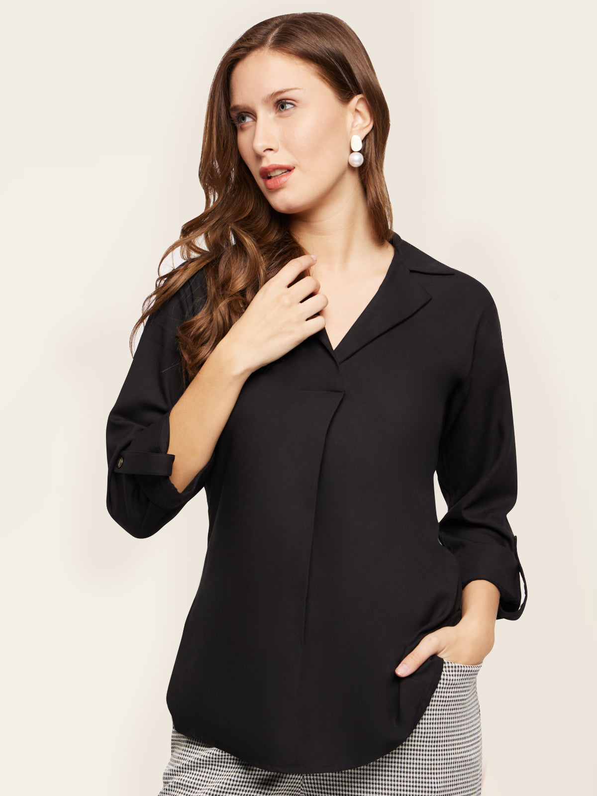 Women Black Collar Rayon Tunic Top