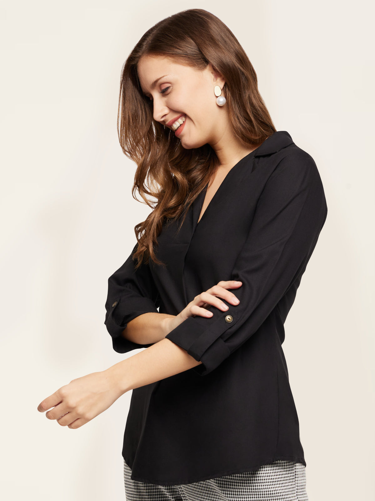 Women Black Collar Rayon Tunic Top