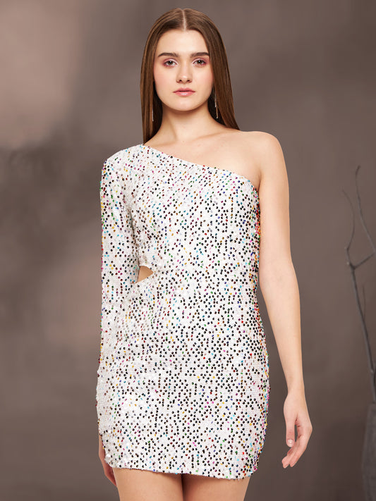 Women White Sequin Cutout One Shoulder Mini Dress